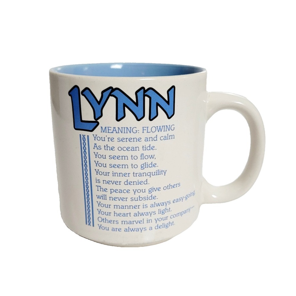 Vintage 80s Papel Lynn Name Meaning Mug coffee cup- Blue- Marci G. Poetry- Korea